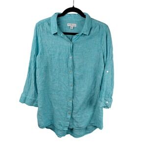Kim Rogers Womens Turquoise Blue Linen Blend 3/4 Roll Tab  Button Up Shirt M